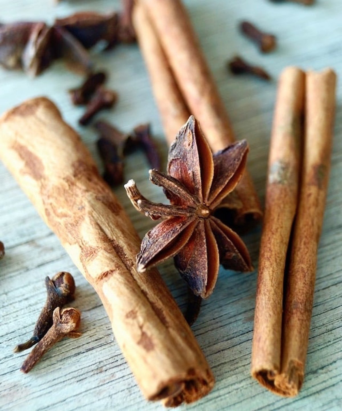 Cinnamon sticks, whole cloves and whole star anise on a light blue wood background.