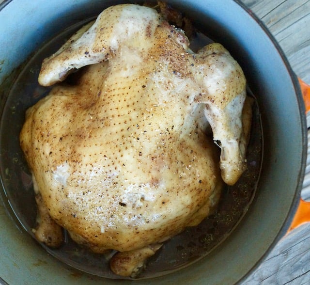 Whole Fall Apart Duch Oven Chicken in the Dutch Oven.