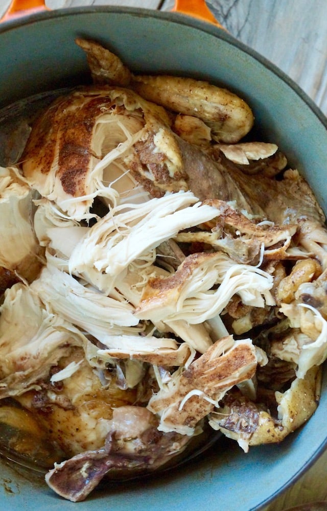 Shredded Fall Apart Dutch Oven chicken in Dutch Oven.