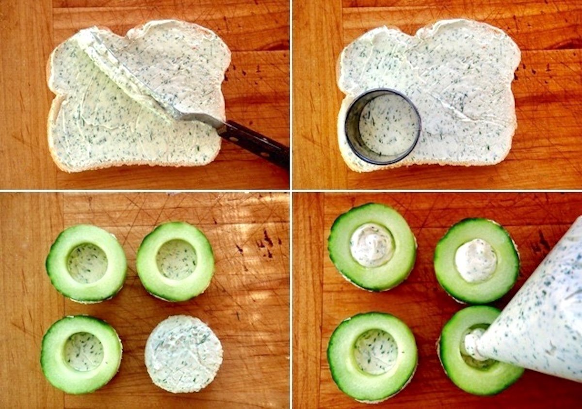 4 images of cucumber dill canapés being made - bread with spread, bread with spread and round cutter, bread rounds with cucumbers, bread rounds with cucumbers being filled with spread.