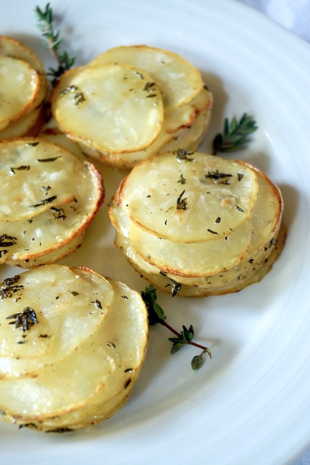 Several Individual pommes anna on a white plate with fresh thyme.