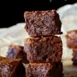 3 stacked Gluten-Free Coconut Flour Brownies with title at the top