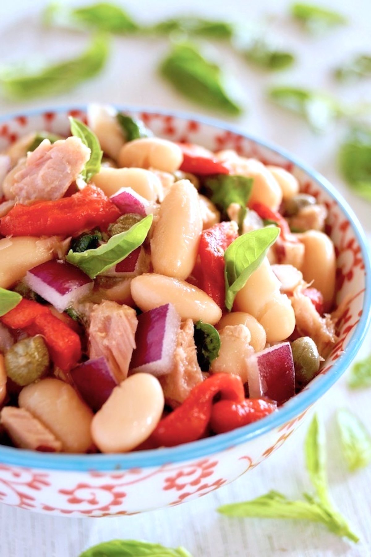 Cannellini Bean Salad in a white bowl with little red flowers and a light blue rim.