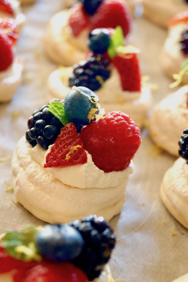 Close up of one Mini Lemon Berry Pavlova