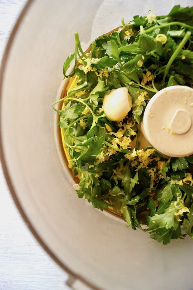 Ingredients for Asparagus Gremolata in a food processor