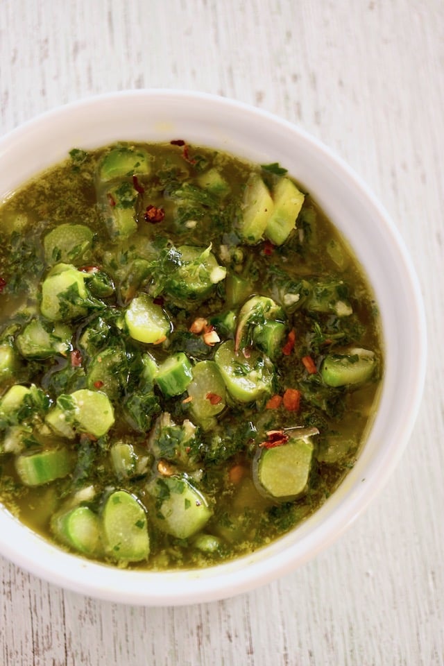 Asparagus Gremolata in a white bowl