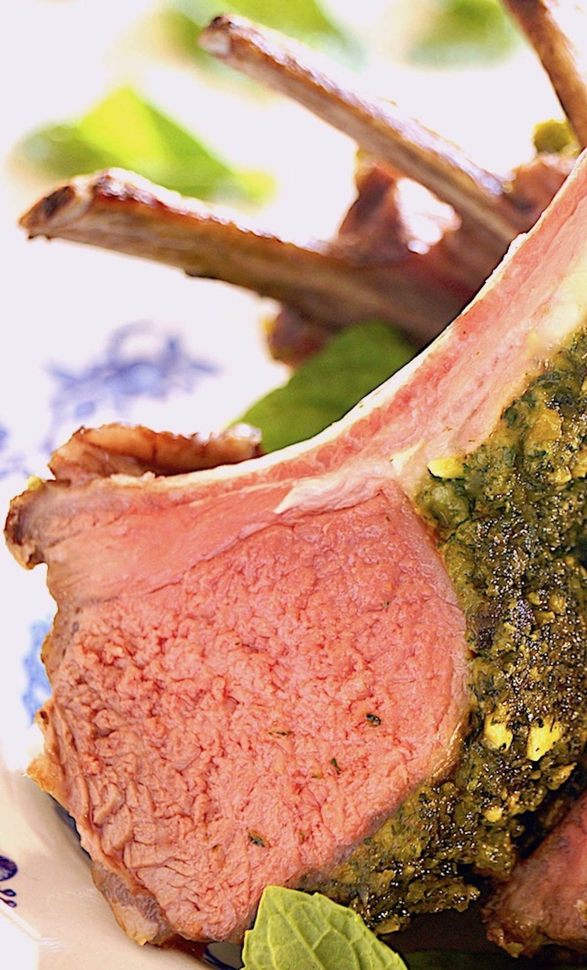 Pretty pistachio and mint-cursted rack of lamb.........................