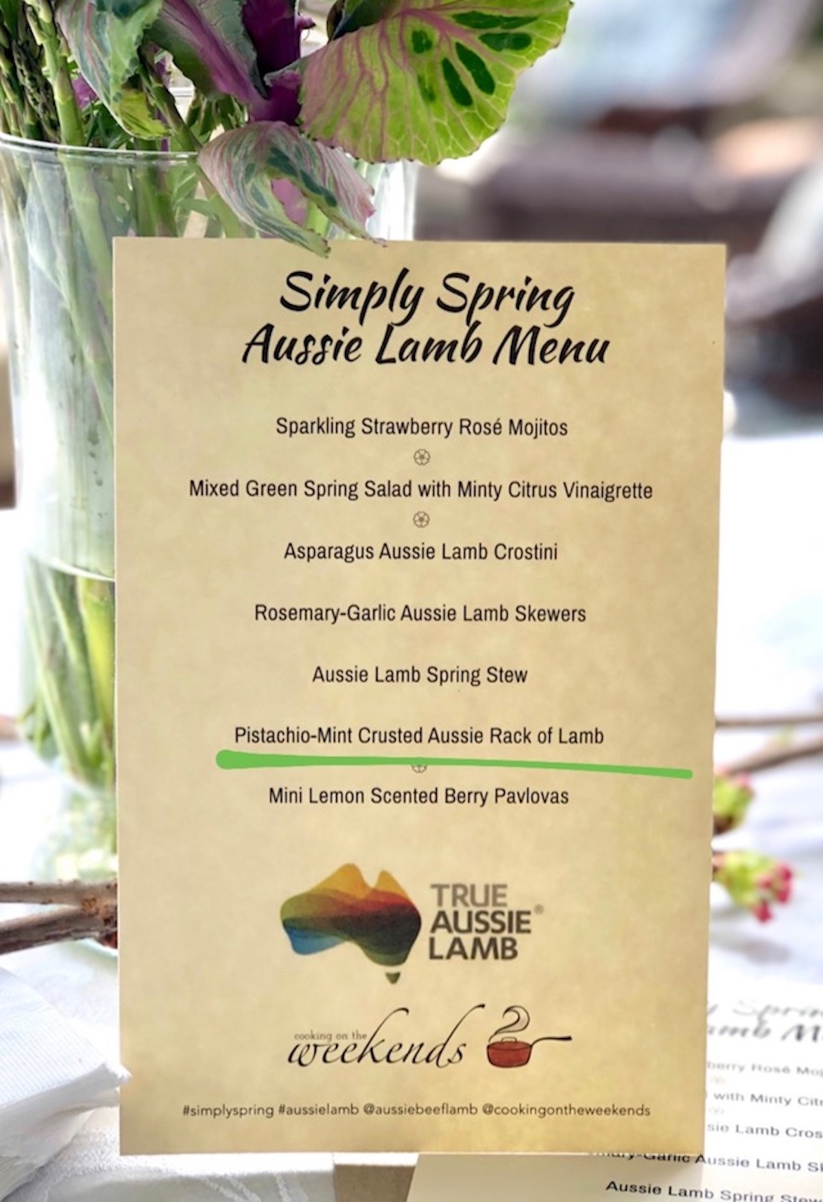 Printed menu for an Australian lamb event.