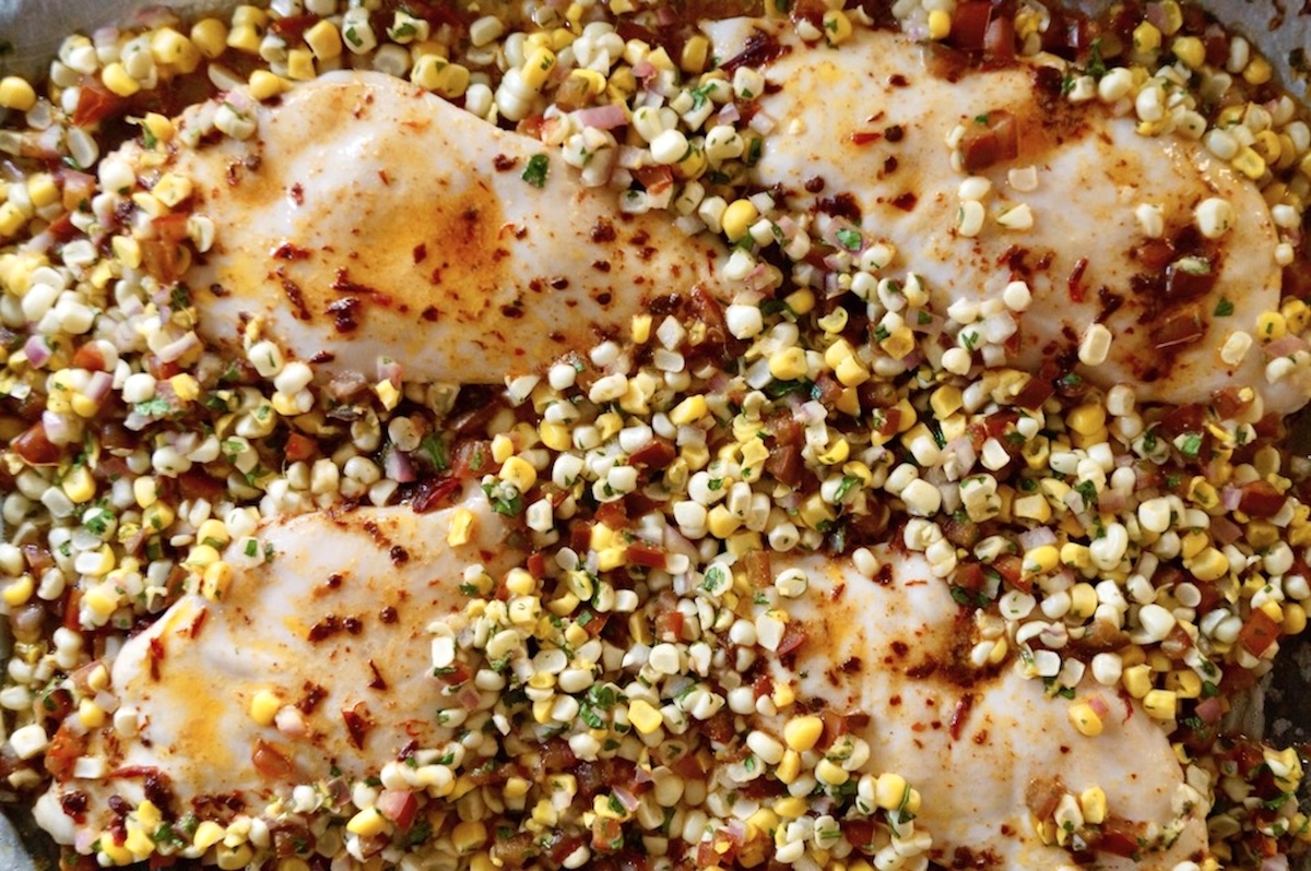 Sheet-Pan-Chipotle-Chicken-with-Corn-Salsa Sheet Pan chipotle chicken with corn salsa right out of the oven.