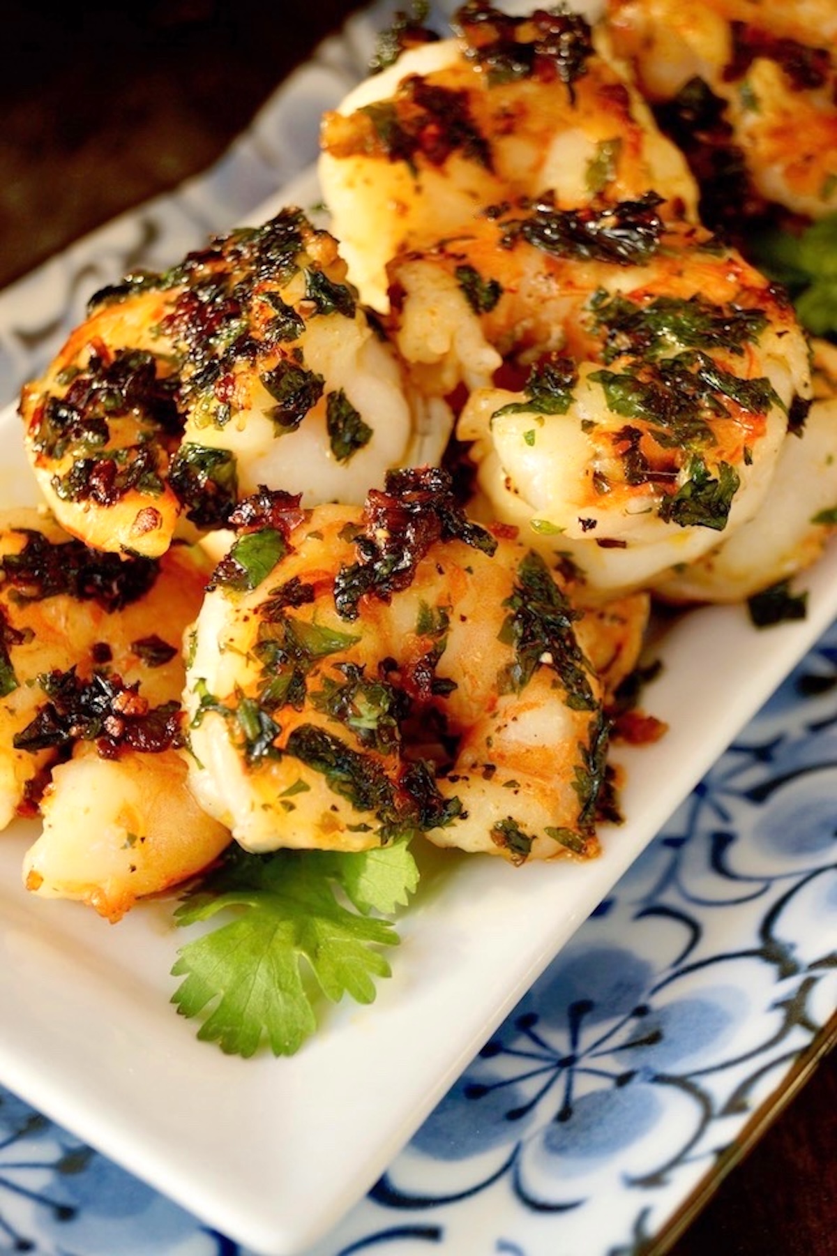 Spicy Cilantro Shrimp on a white plate.