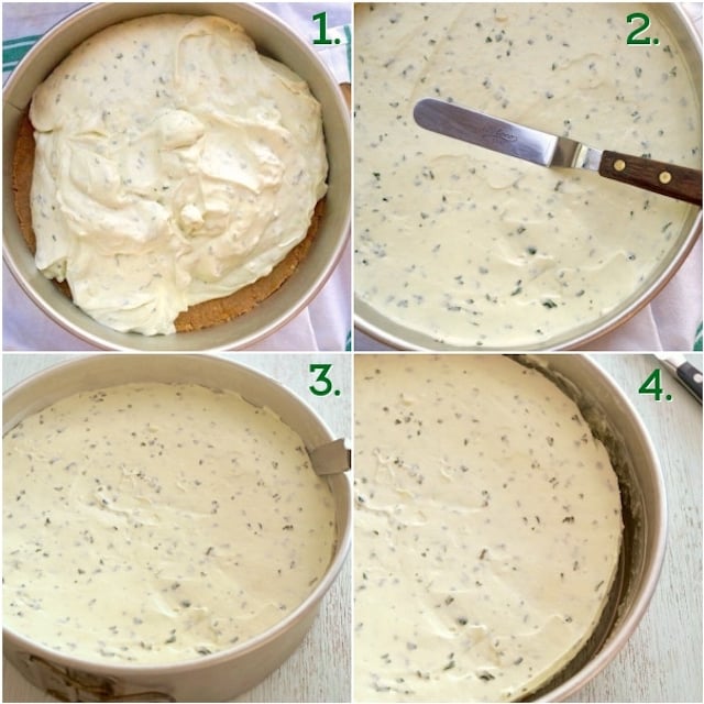 Photo grid of four stages of making Sweet Basil Cheesecake 