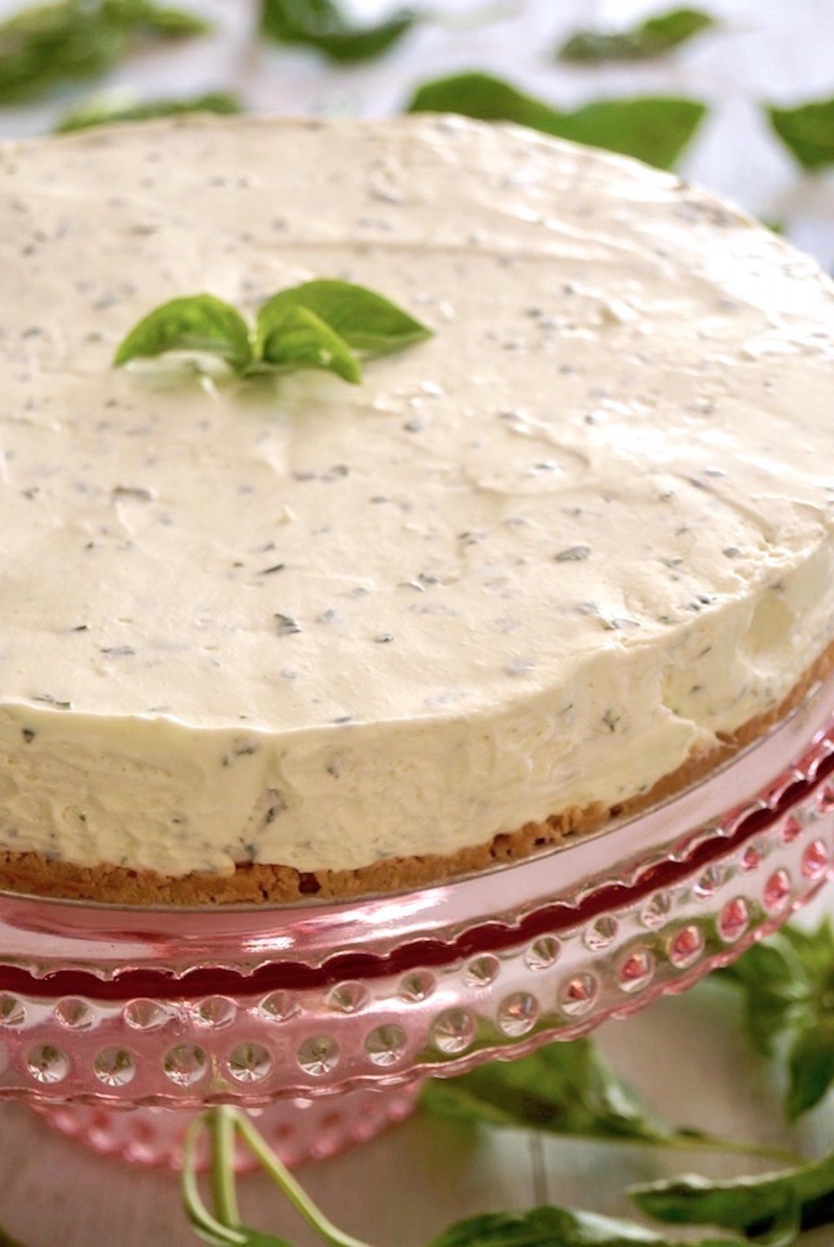 Side view of a cheesecake with basil leaves on top, on pink glass pedestal. 