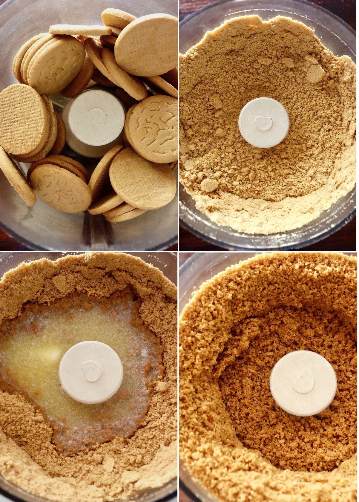 Four stages of making ginger snap cookie crust in food processor.