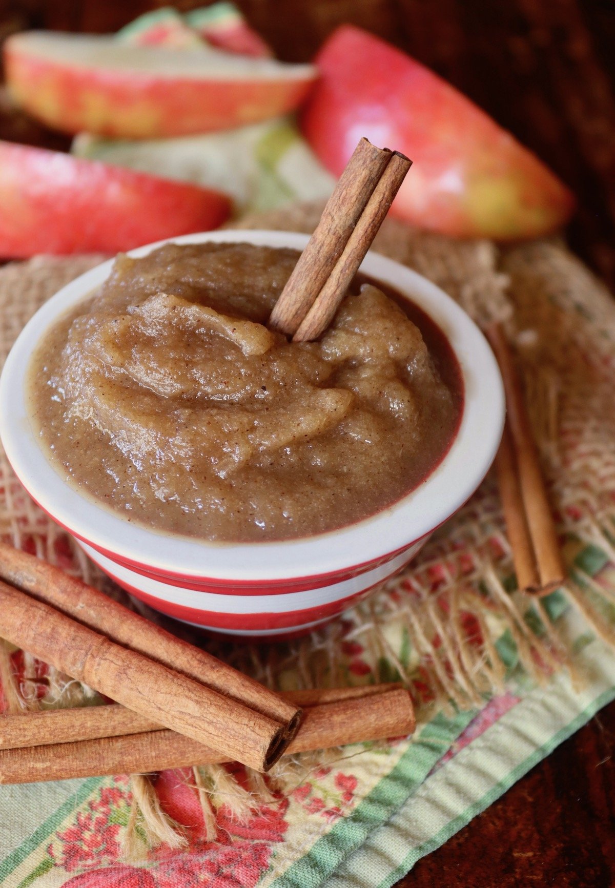 Cinnamon apple butter in a white and red striped bowl with cinnamon sticks.