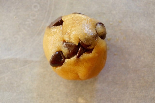 Ball of olive oil chocolate chip cookie dough.