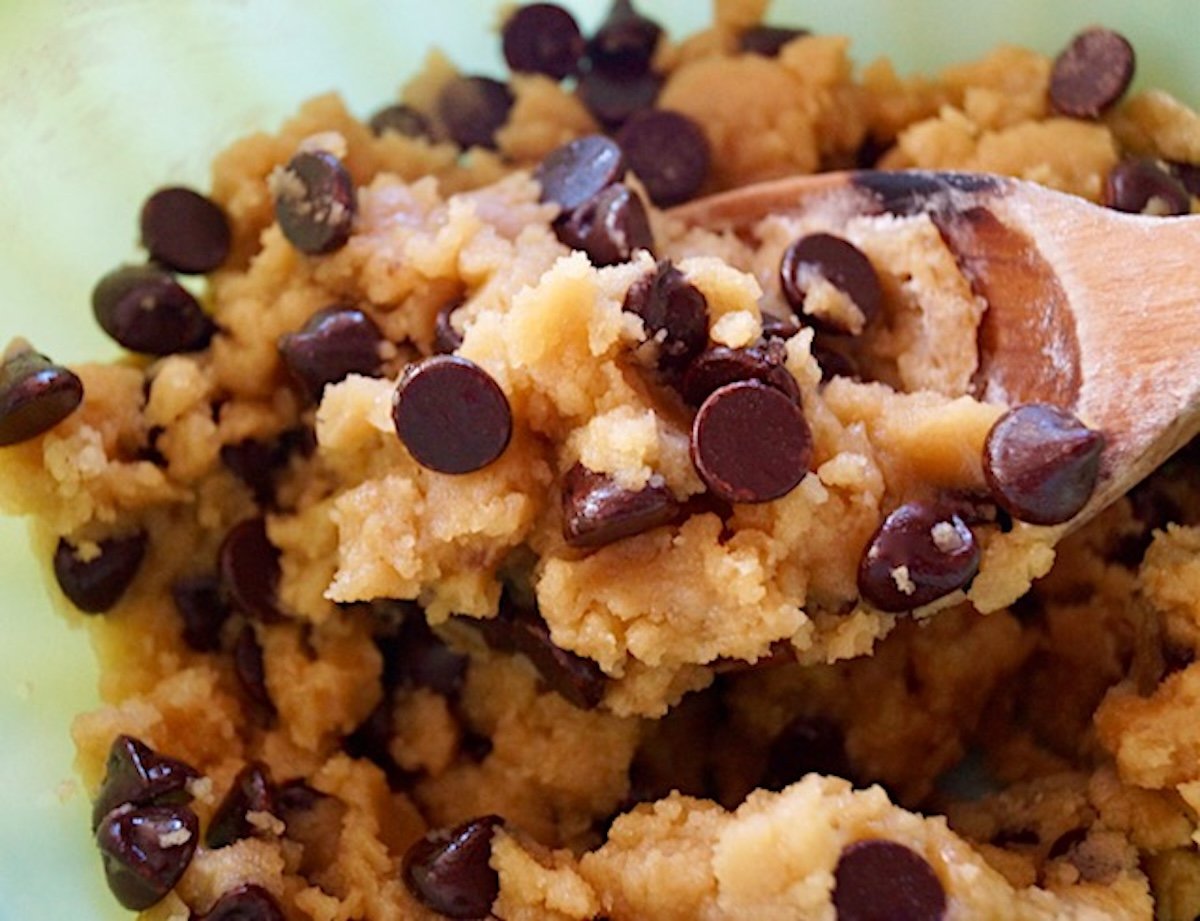 olive oil chocolate chip cookie dough in light green bowl