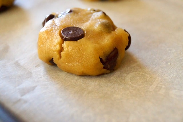 one flattened ball of olive oil chocolate chip cookie dough
