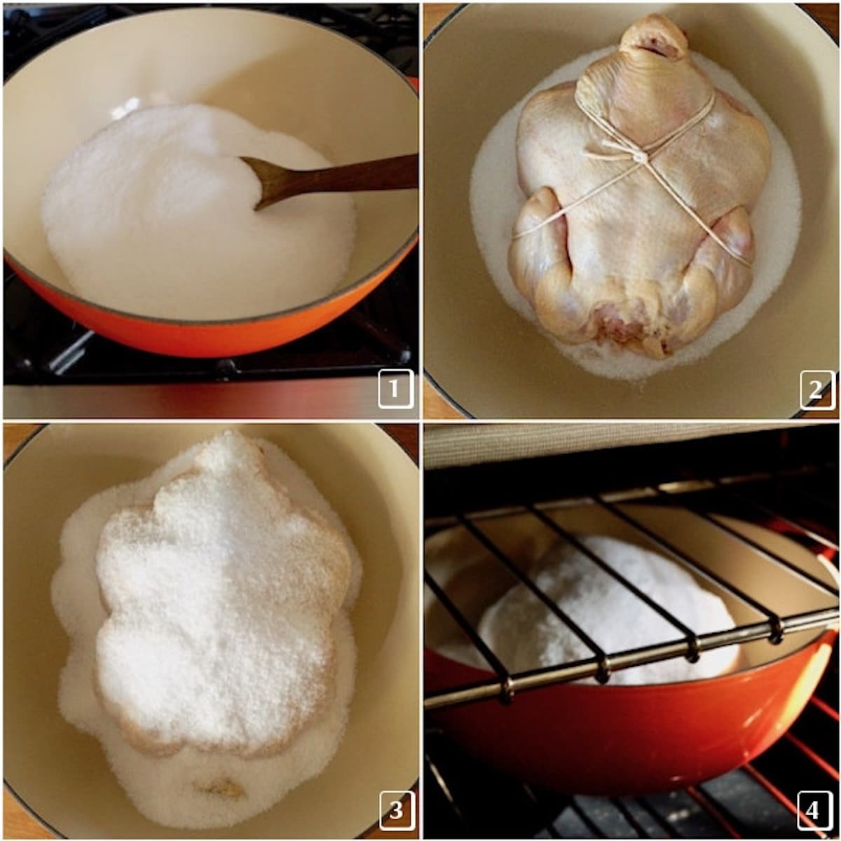 Roasted-Salt-Crusted-Chicken 4-image grid of salt-roasting whole chicken process.