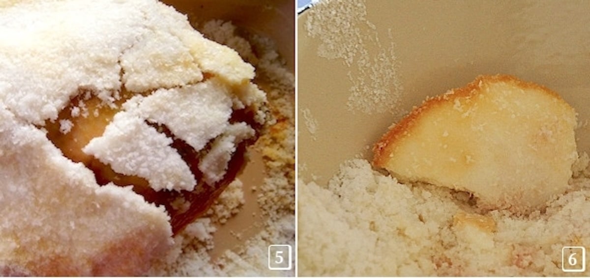 2 images of salt crusted chicken. one with it cracking off the whole chicken.