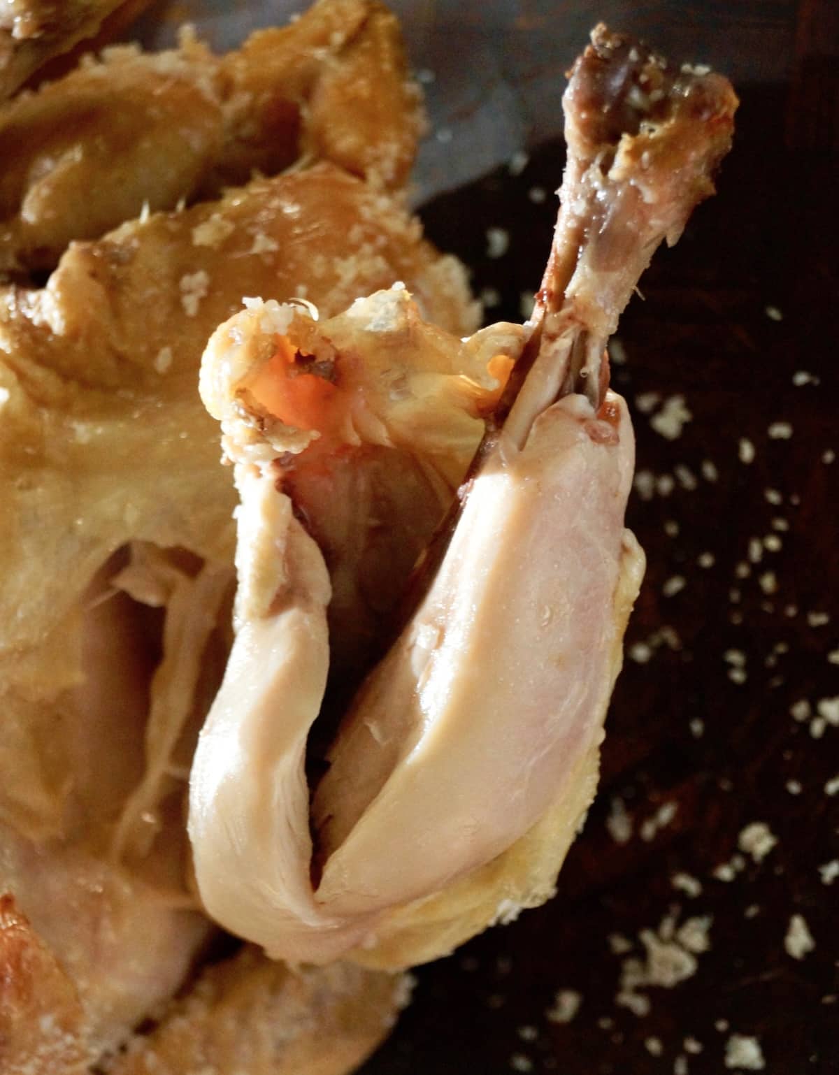 Meat falling off roasted salt crusted chicken leg