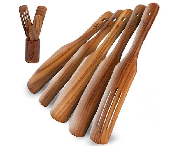 6 Piece Wooden Spurtle Set with a wooden container in the white background.