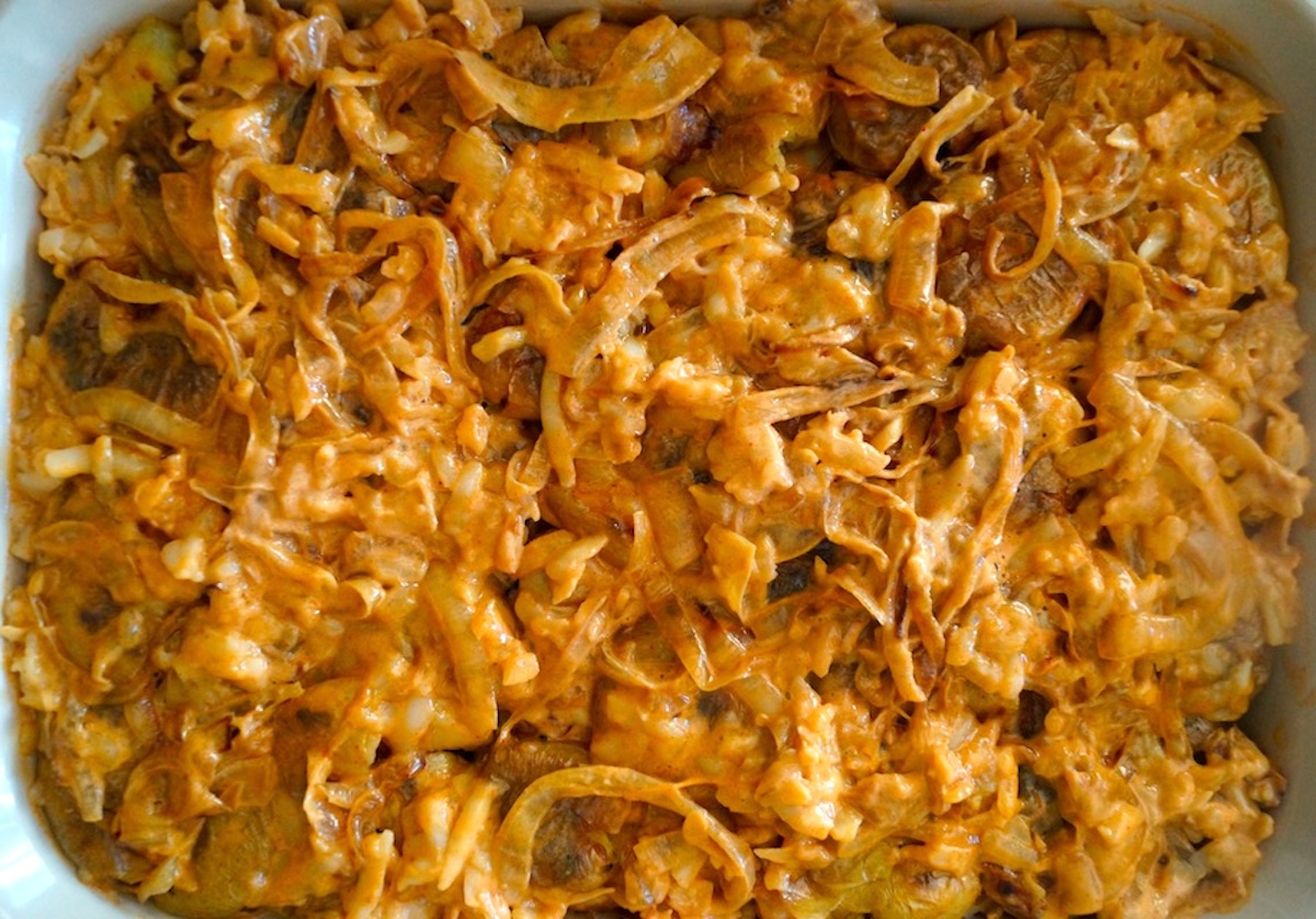 Spanish smashed potato casserole just before being baked.