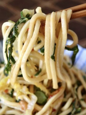 Serving of Chinese Longevity Noodles with Gai Lan on ceramic blue and white plate with a bite held up in chopsticks.