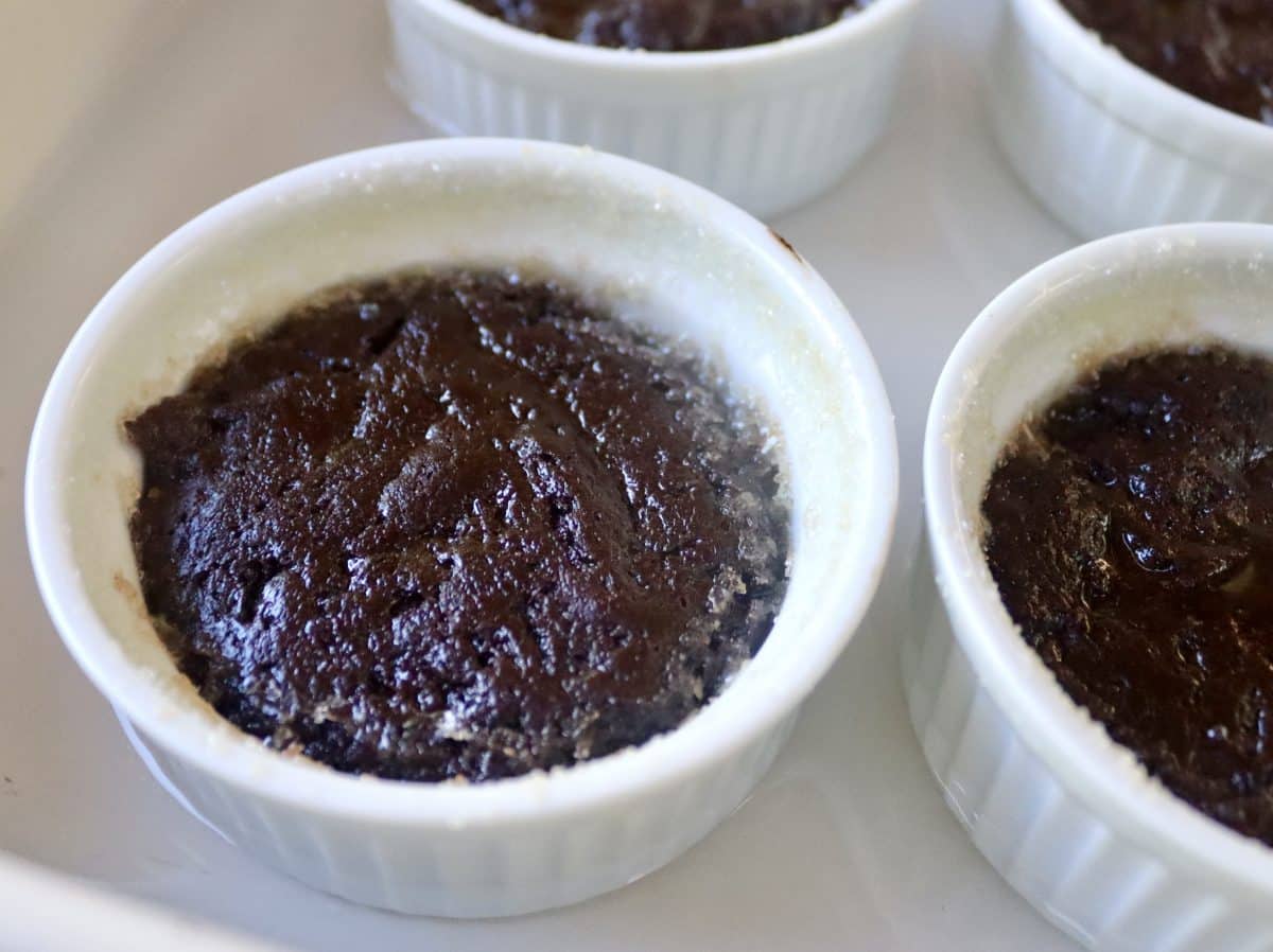 Flourless Chocolate-Cake-with-KahlĂșa-and-Espresso Baked Flourless Chocolate Espresso cakes in individual ramekins.