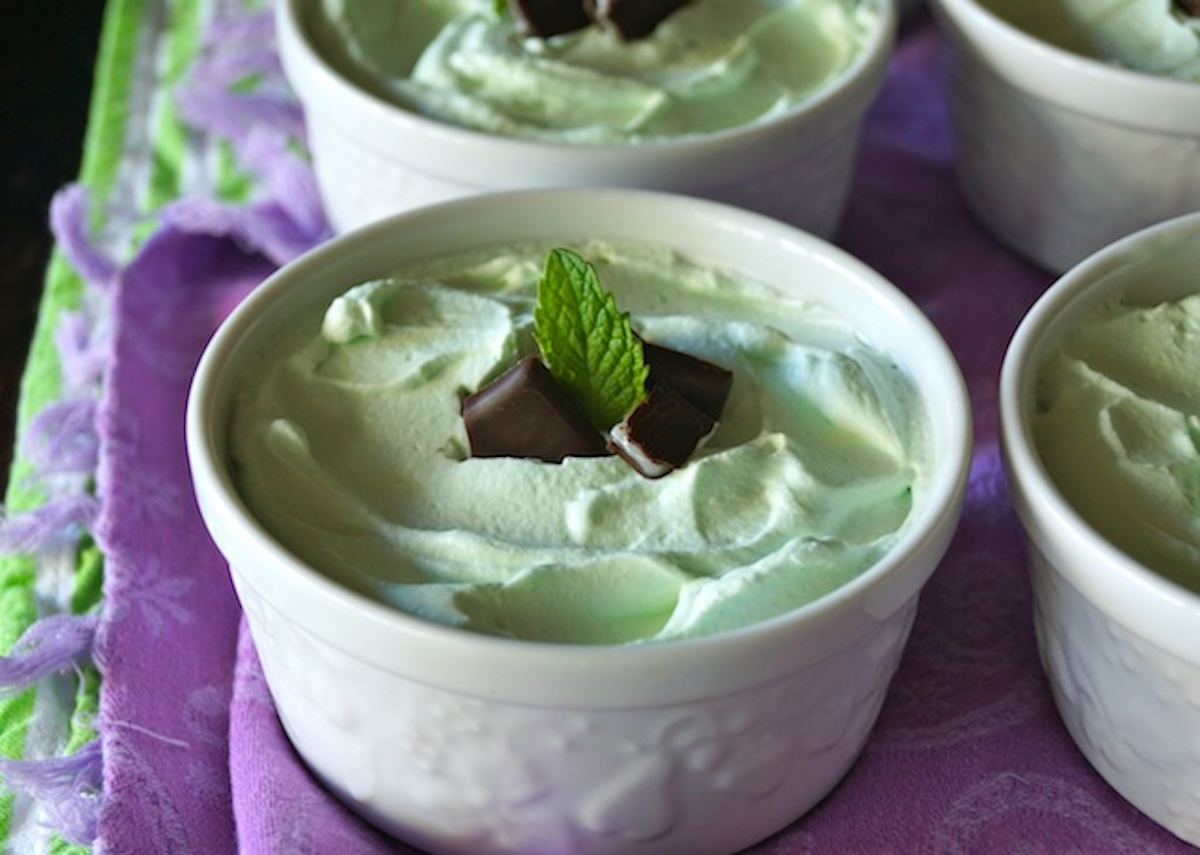 Close up of a few Grasshopper Mint Mousses in white ramekins.