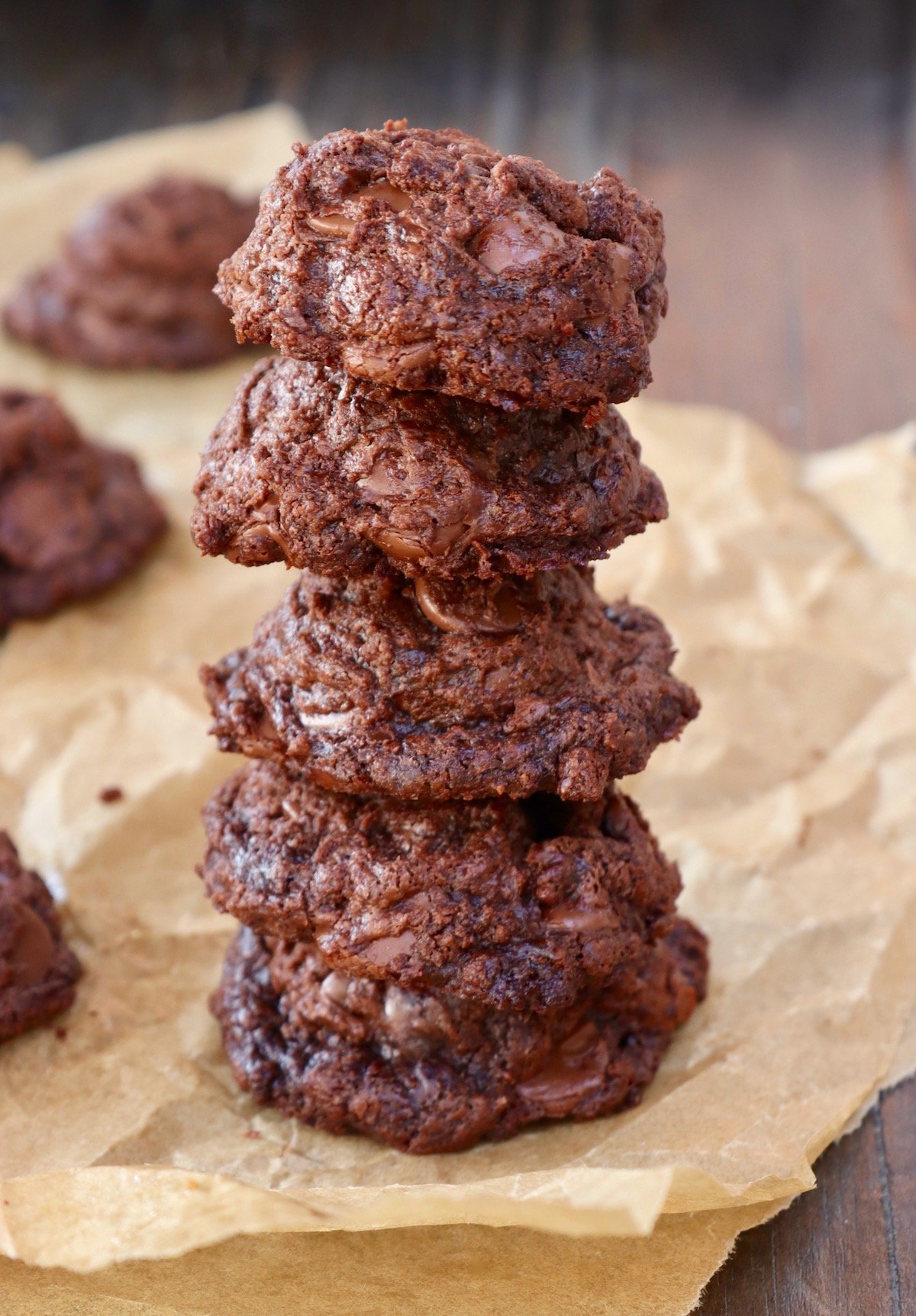 stack of 5 nutella chocolate chip cookies on parchment 