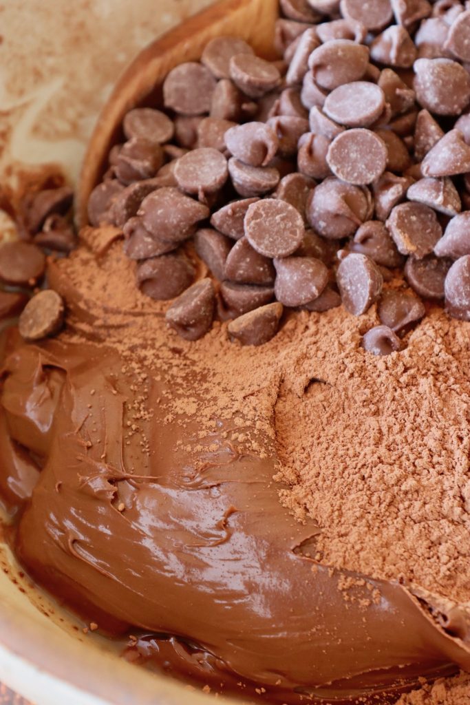 4-Ingredient-Nutella-Cookies-Gluten-Free mixing bowl with nutella, cocoa powder and chocoalte chips