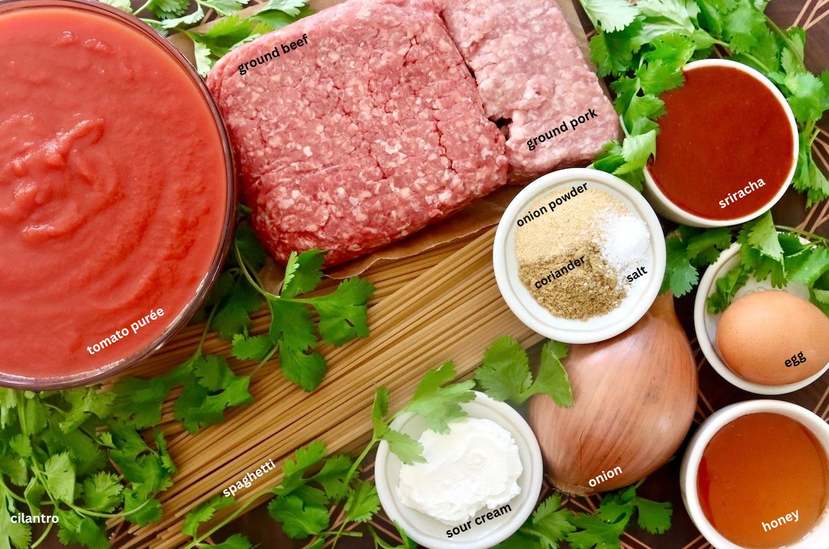 Ingredients for spicy sirracha spaghetti and meatballs including ground beef and pork, tomato sauce, sriracha sauce, spices, dry spaghetti, onion and sour cream.