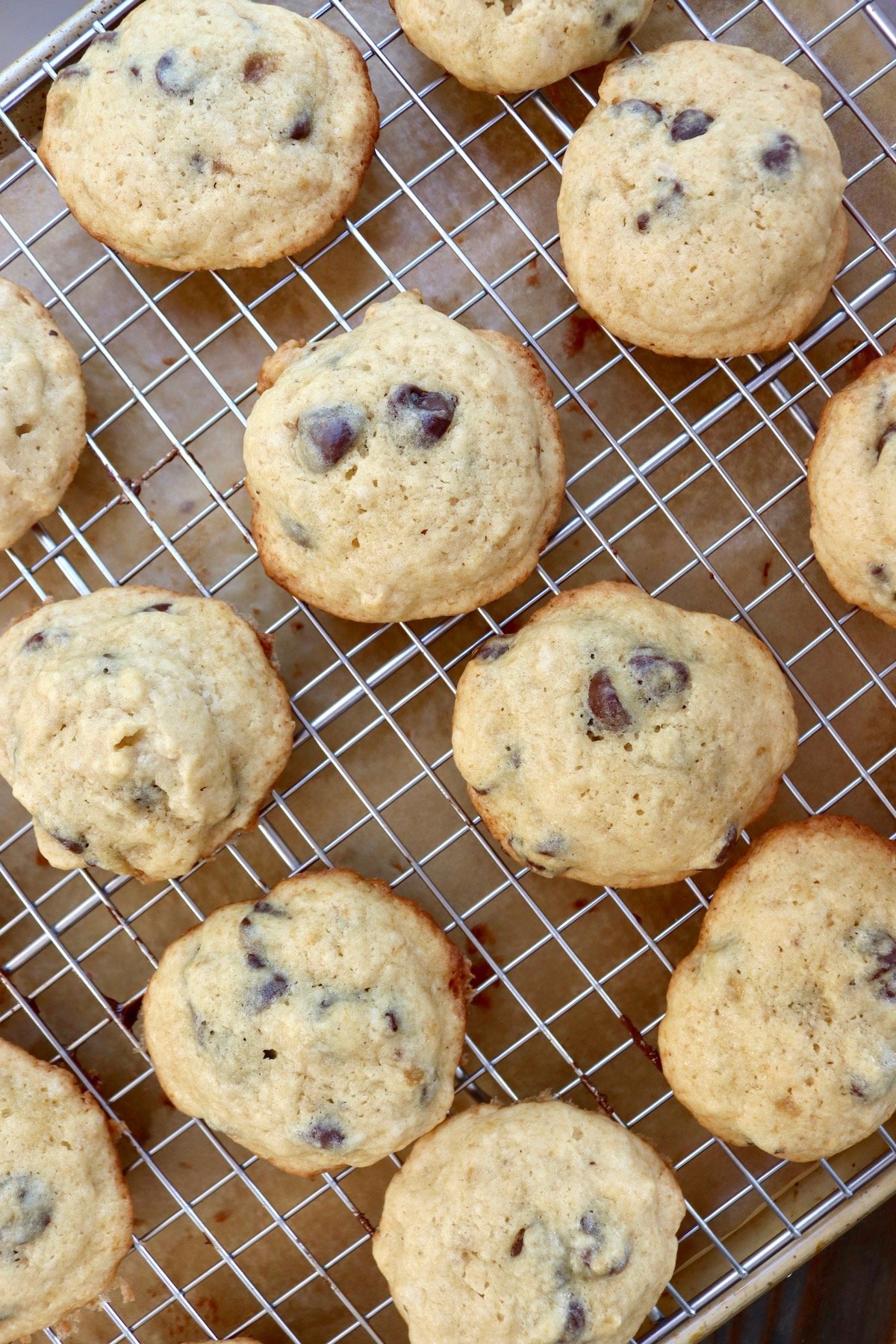 chocolate banana chip cookies on wire rack