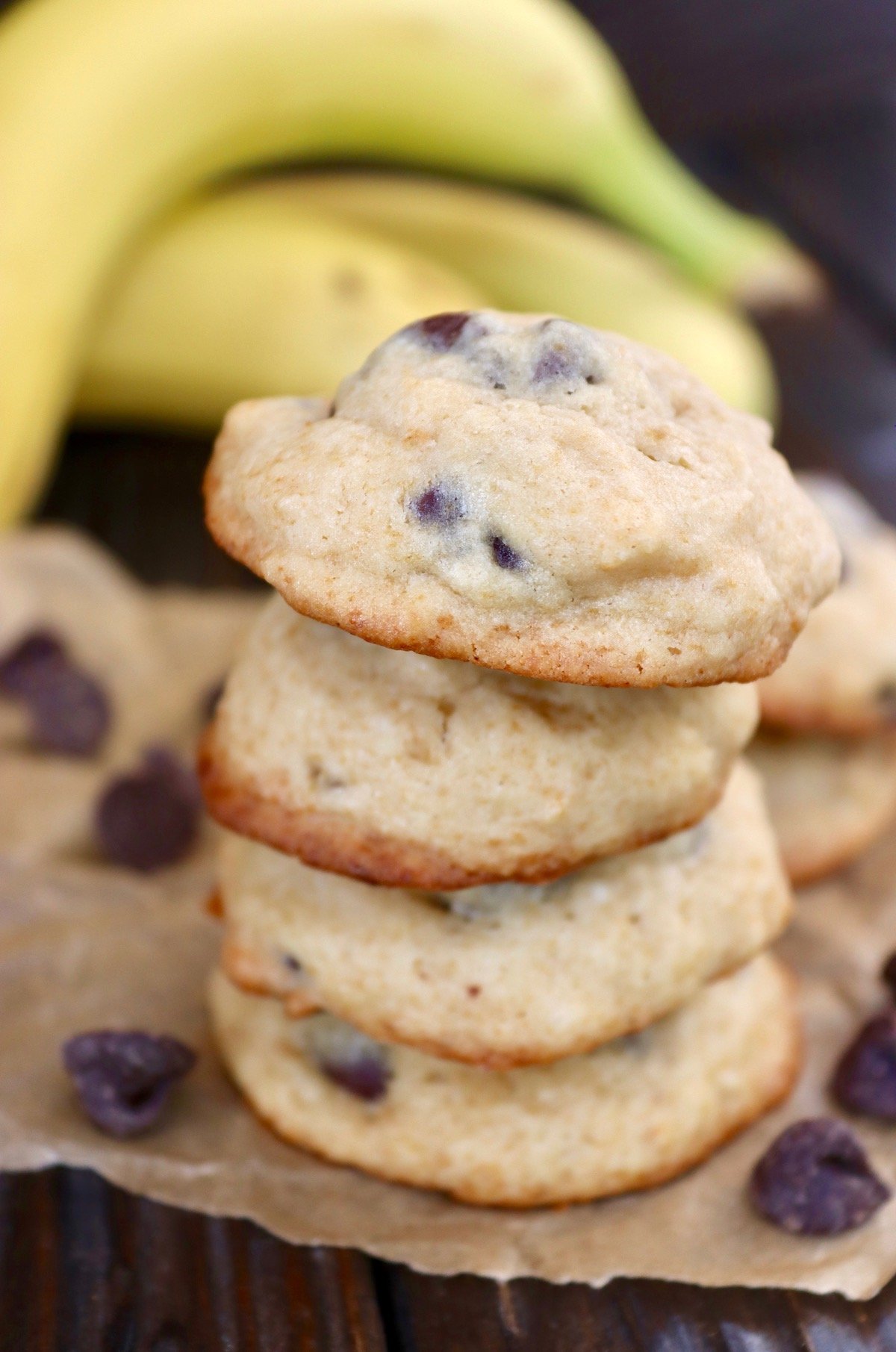 stack of 4 banana chocolate chip cookies