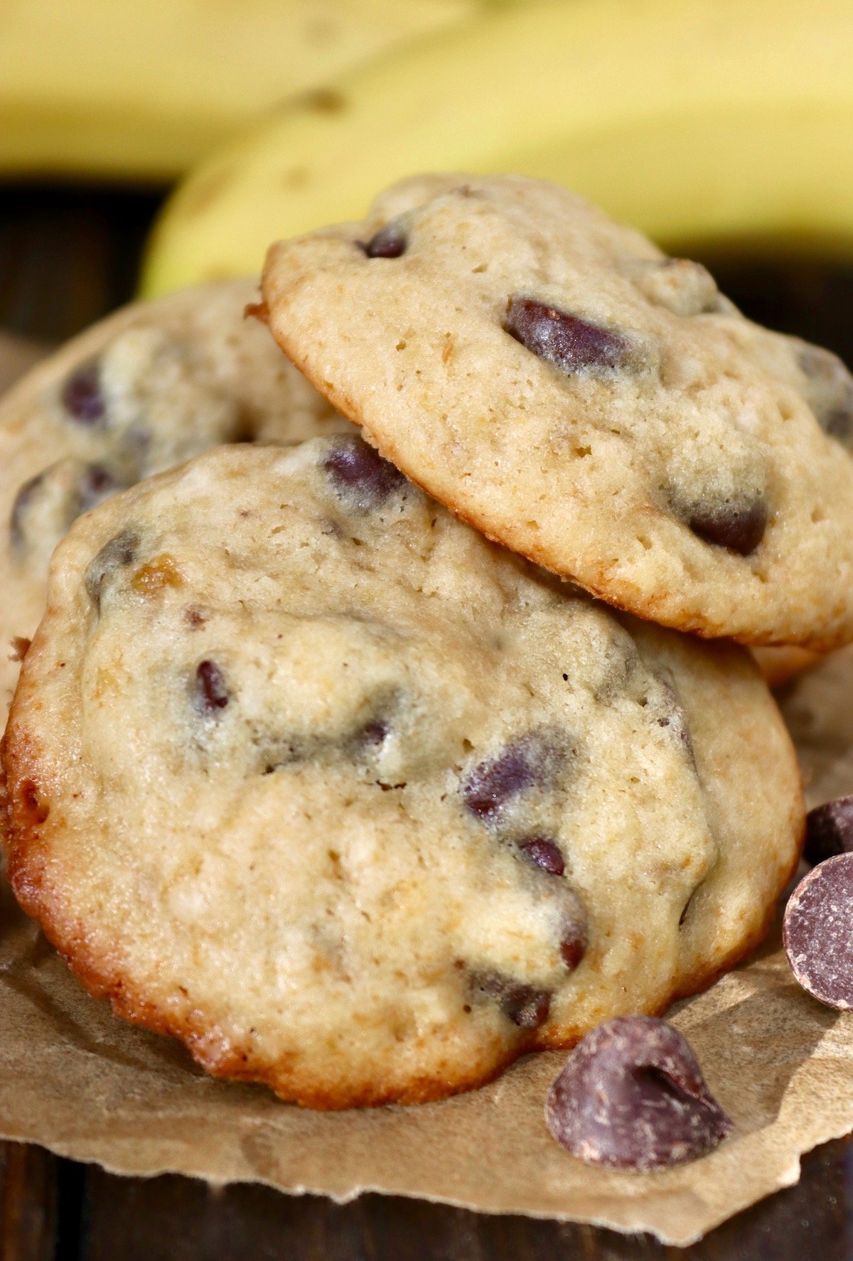 small pile of chocolate chip cookies with banana