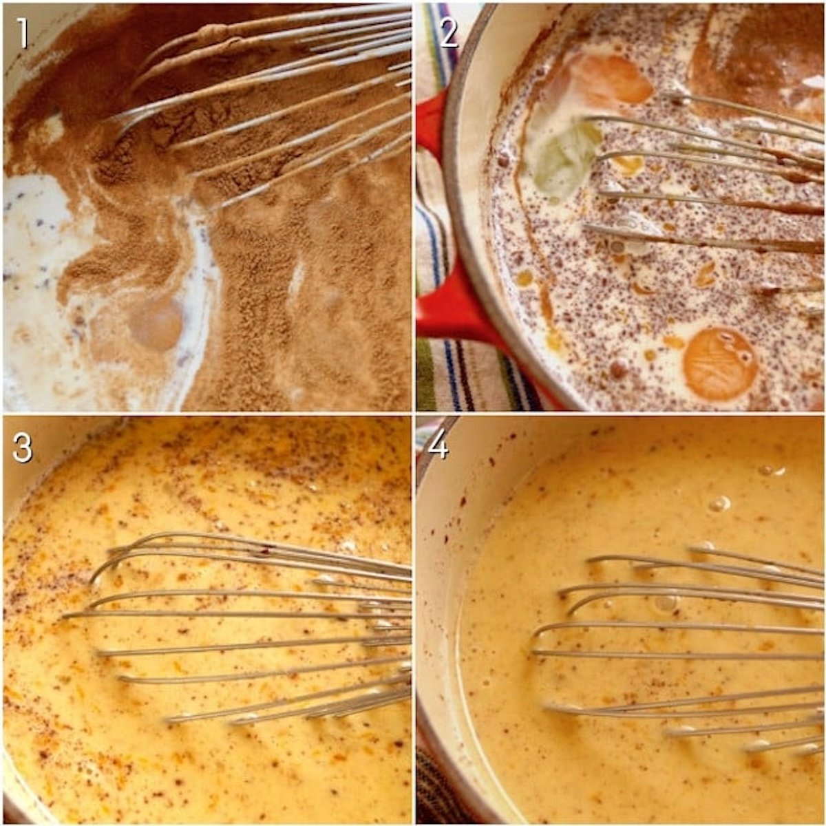 Four stages of egg mixture for French toast bread pudding, with a whisk in the bowl.