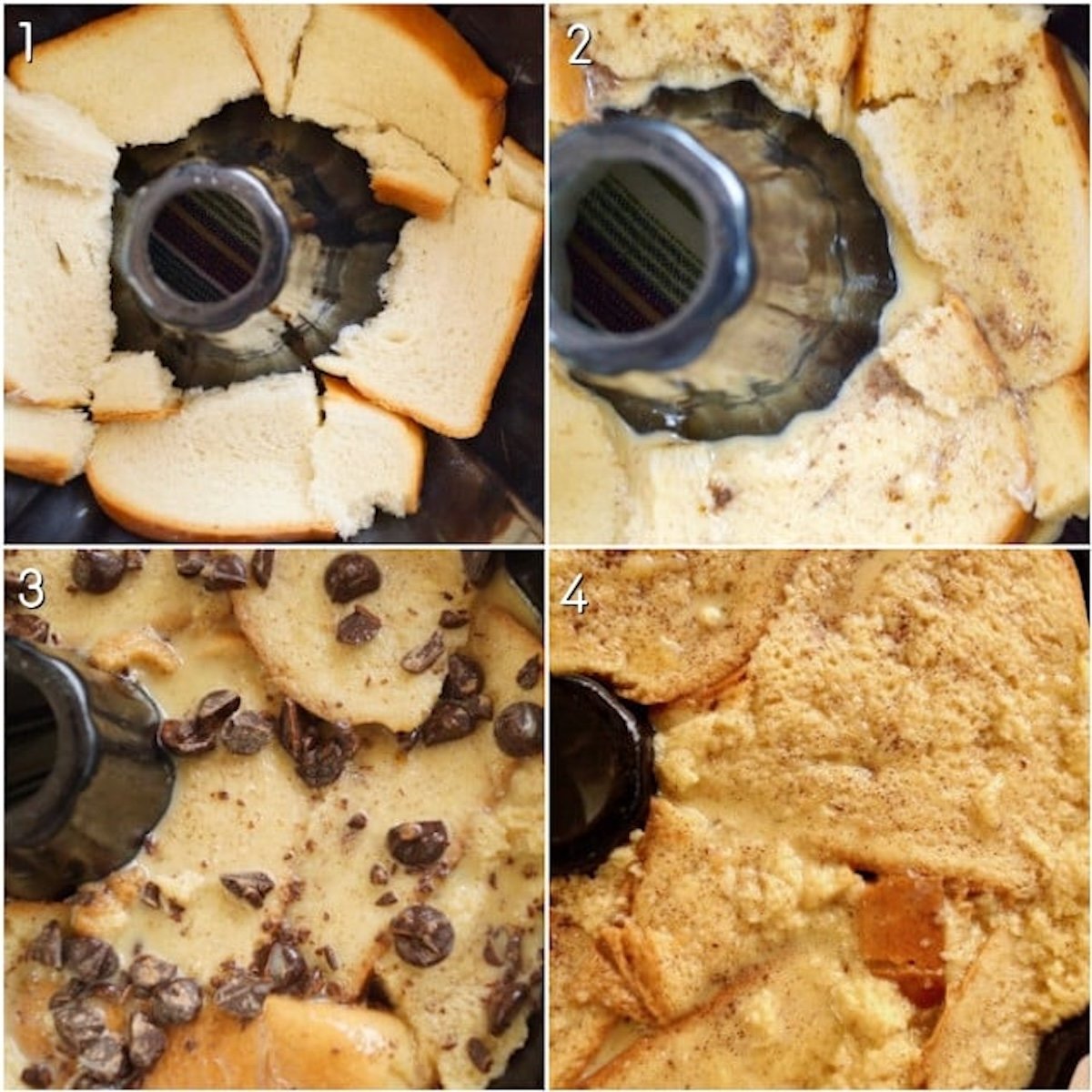 Bundt pan 4 times, each time with a different number of layers of French toast.