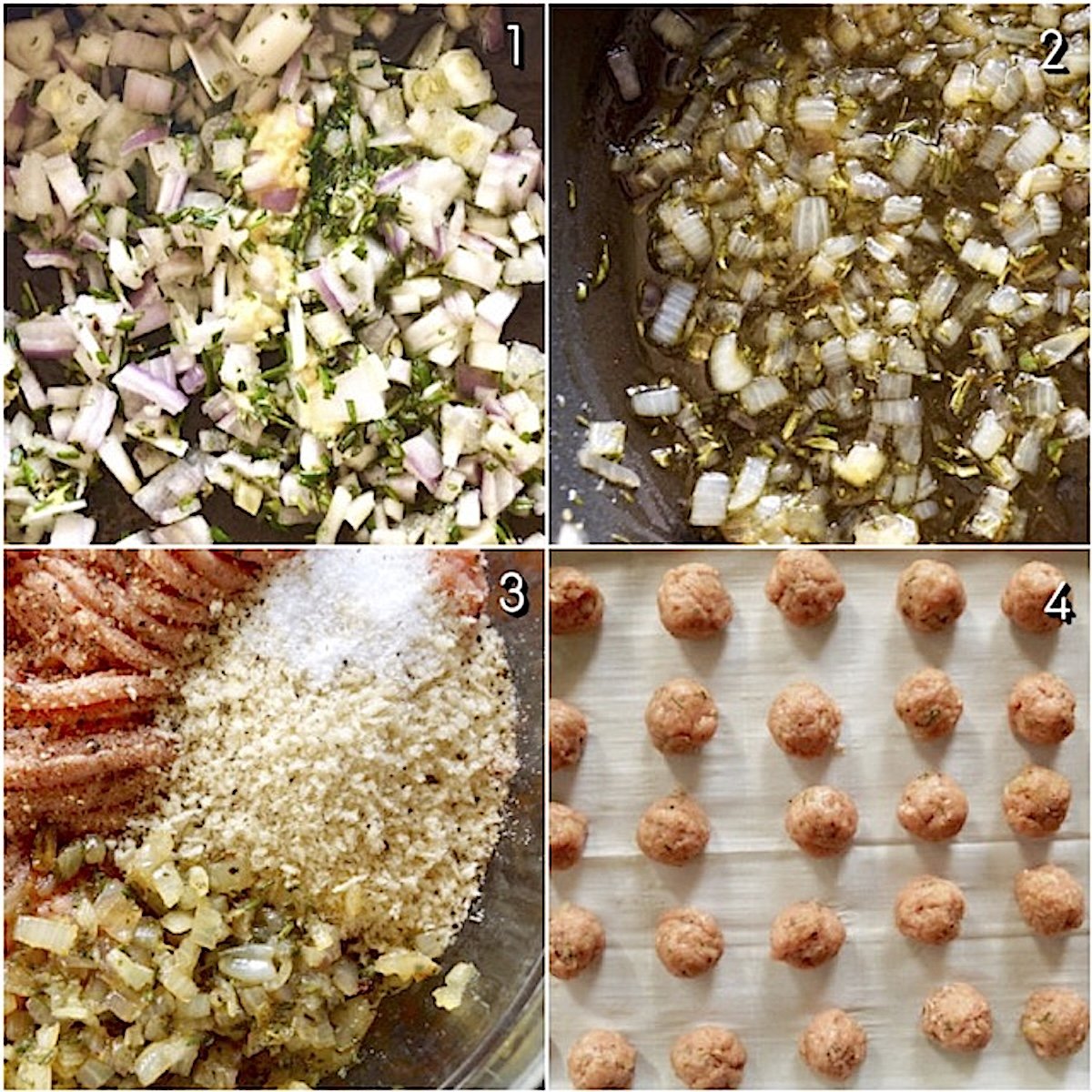 Rosemary-Turkey-Meatballs-with-Honey 4 images showing the steps of making rosemary turkey meatballs with honey.