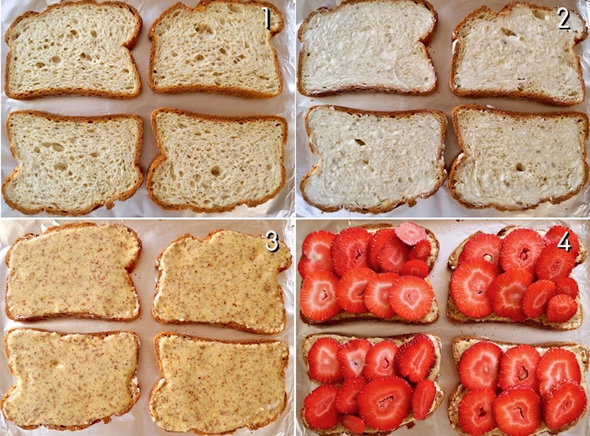 Strawberry-Frangipane-Toast-Recipe four images of steps to making Frangipane toast with strawberries