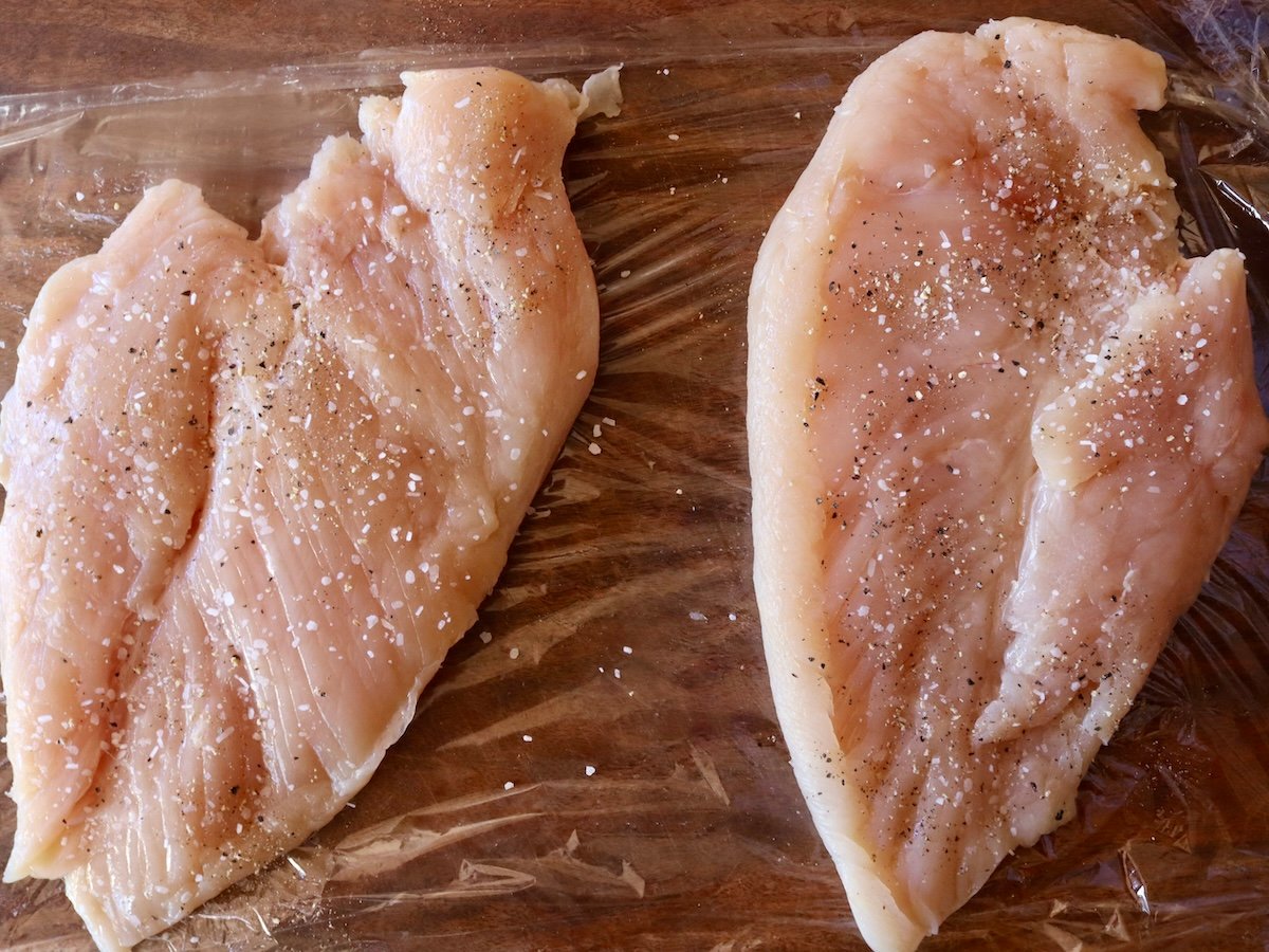 2 pounded thin chicken breasts, with the smooth side down.