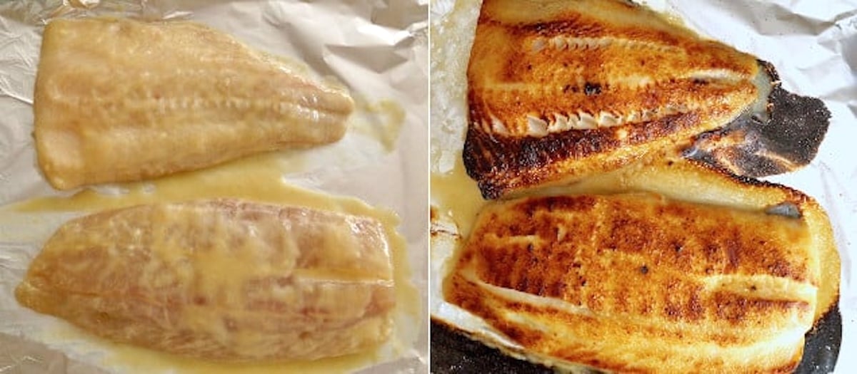 Miso-Broiled-Black-Cod-with-Bok-Choy two images of cod, one raw in marinade and one golden and broiled