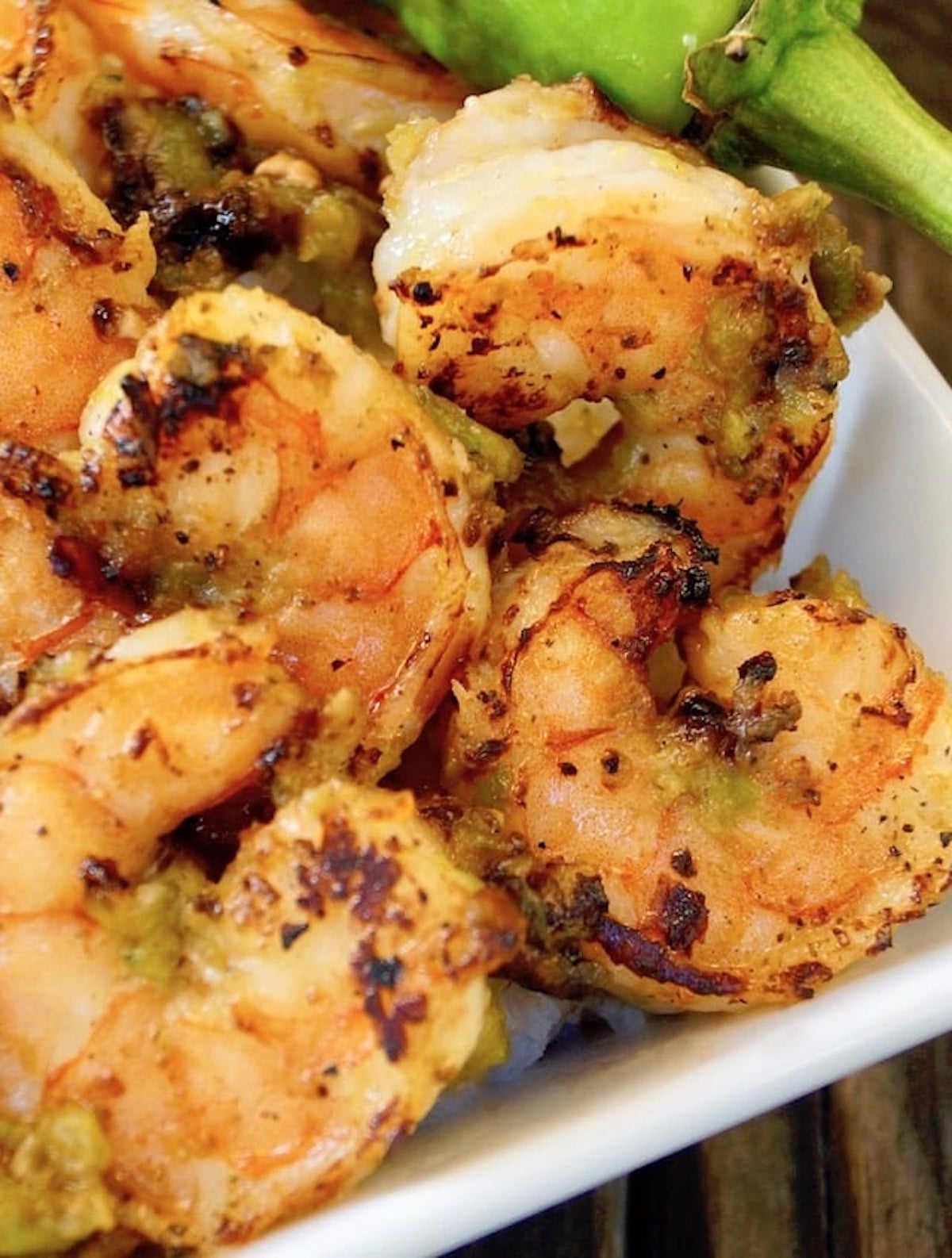 Hatch Green Chile Shrimp in white bowl