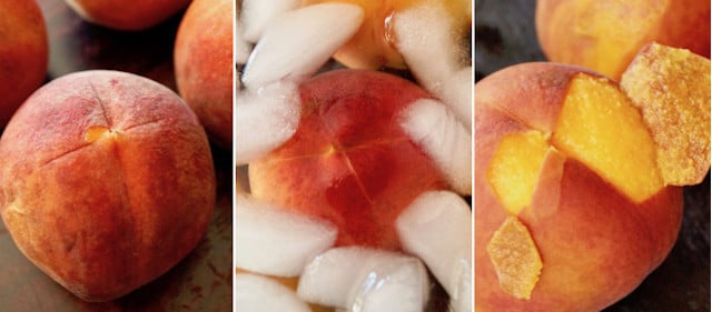 three images of how to peel a peach