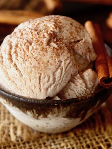 Scoop of beautiful cinnamon ice cream with cinnamon sprinkled on top and with a cinnamon stick in the bowl.