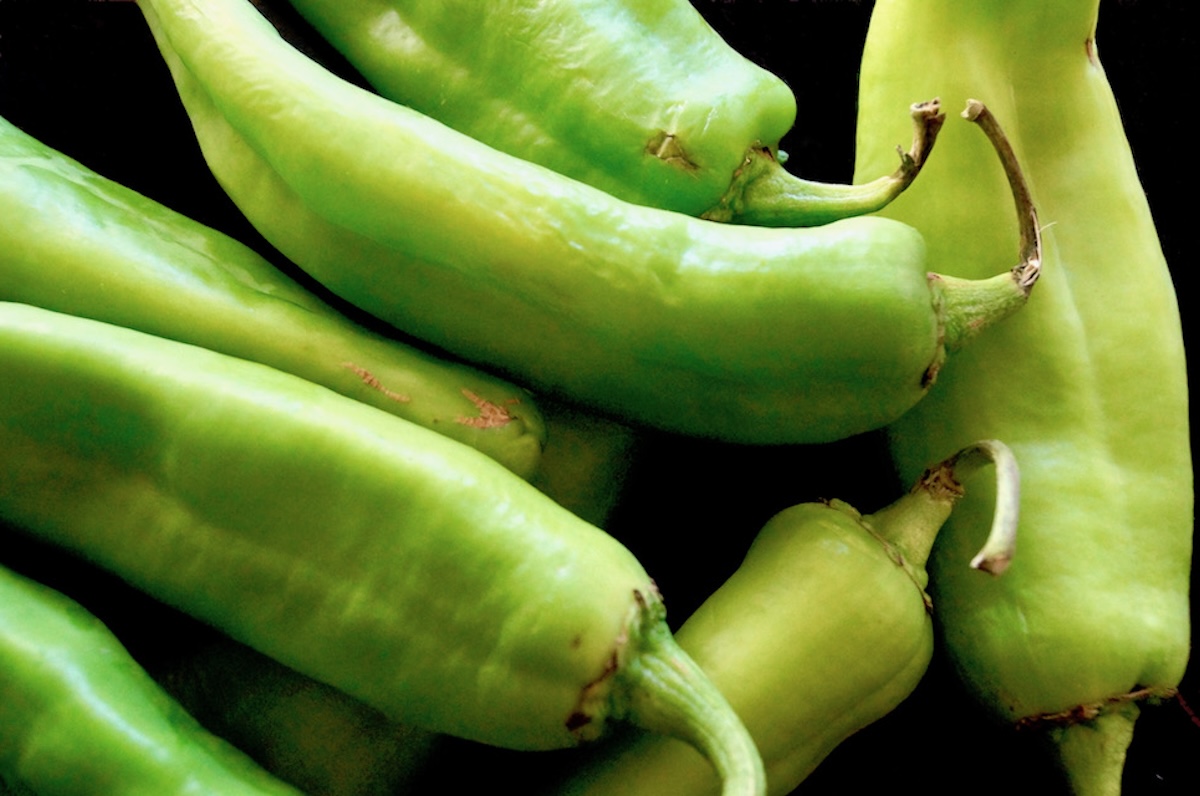 Pile of raw fresh hatch chiles.