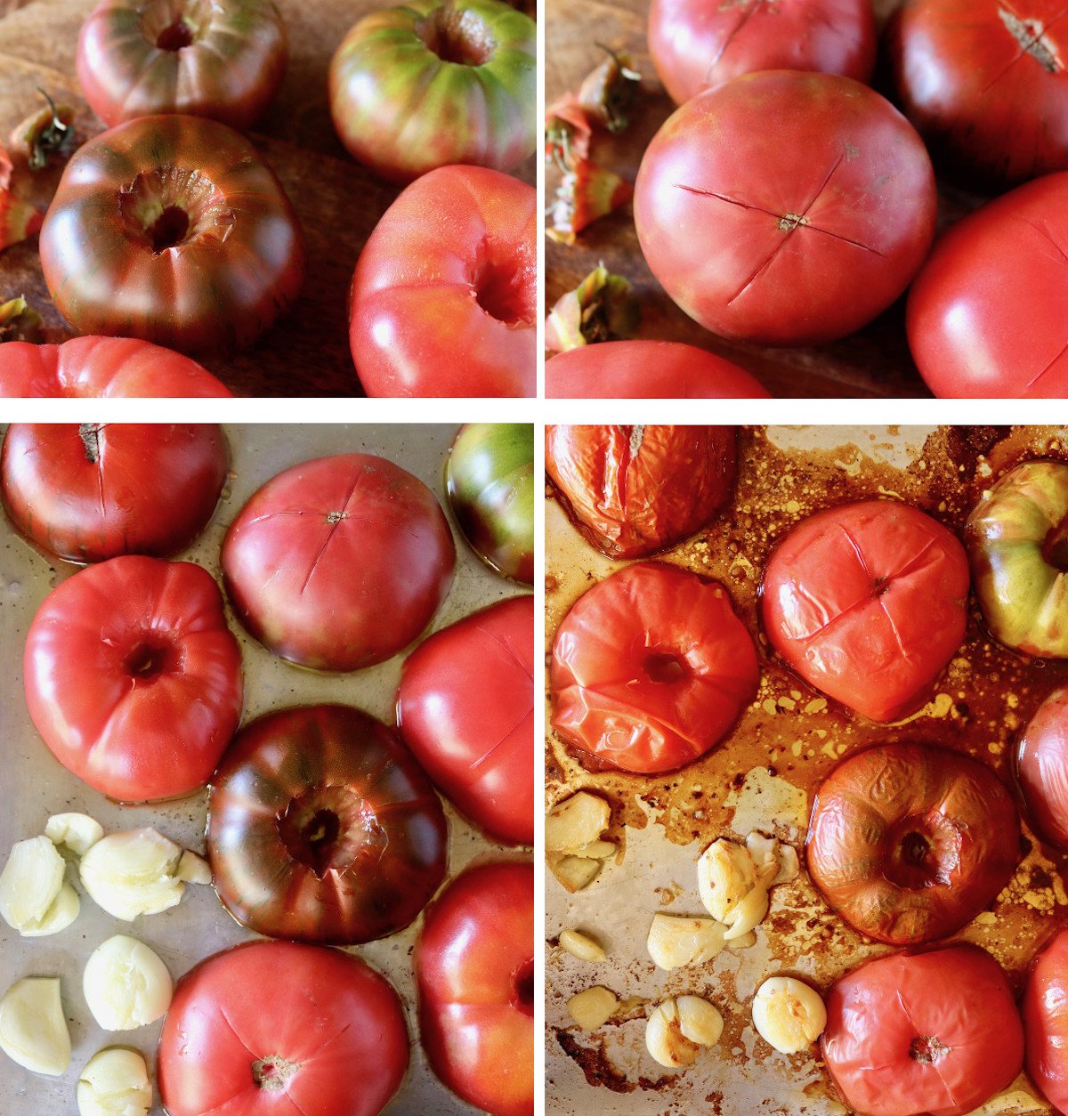 4 images in a grid of tomatoes, one with roots cut out, one with an X on the bottom of each tomato, one with tomato halves and raw garlic on a sheet pan and one with the tomatoes and garlic roasted.