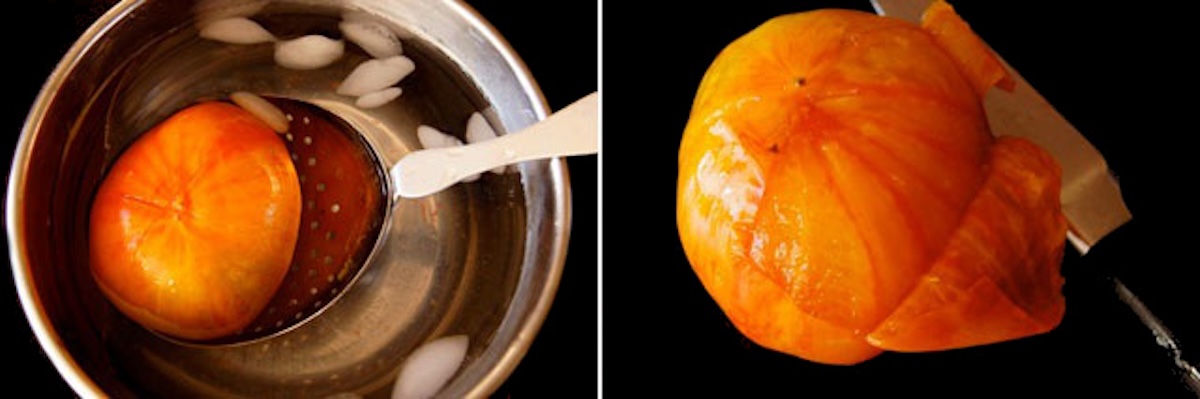 One tomato in ice water, and one peeled being peeled with a parking knife.