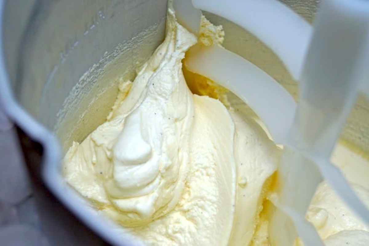Lavender-Lemon-Frozen-Custard-Recipe Frozen lemon custard in the bottom of an ice cream maker.