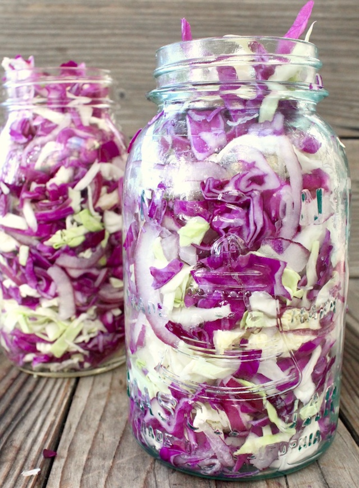 Two jars of thinly sliced purple and green cabbage.