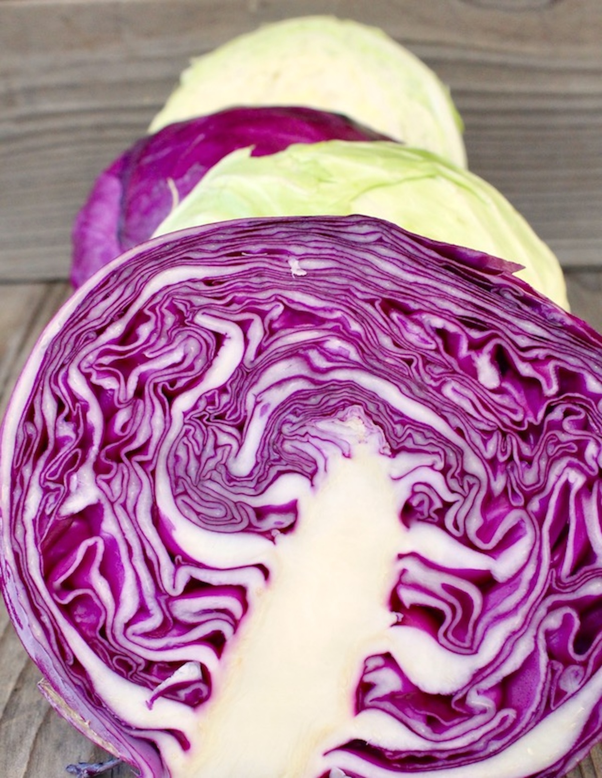 Cross section of a head of red cabbage.